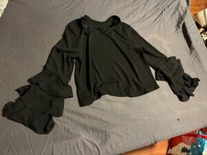 Womens Black Ruffle Bell Sleeve Blouse Long Sleeve Flowy Tiered Chiffon Top